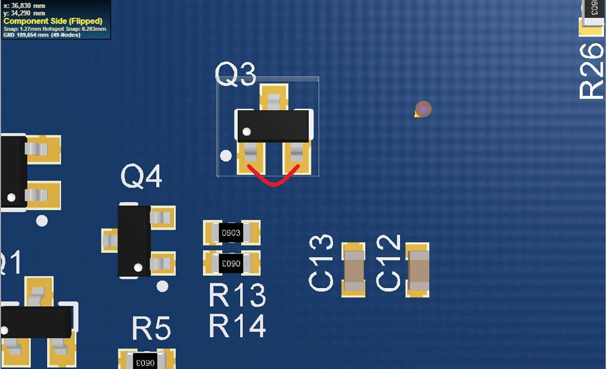 Board layout excerpt from the original article, showing Q3 and a red line connecting contacts