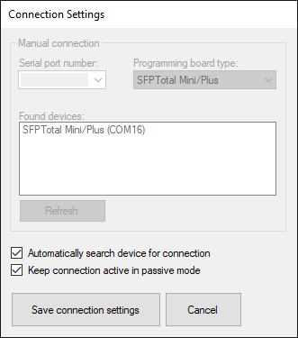 Connection Settings: automatic detection of an SFPTotal Mini/Plus coding board